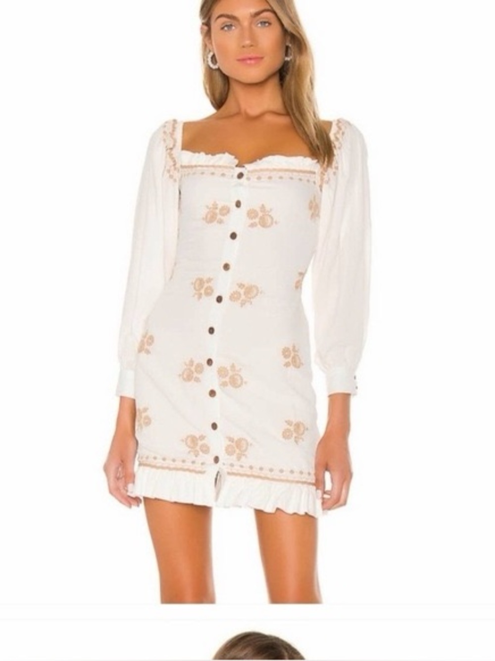 MAJORELLE White Long-Sleeve Button Dress with Tan Floral Embroidery